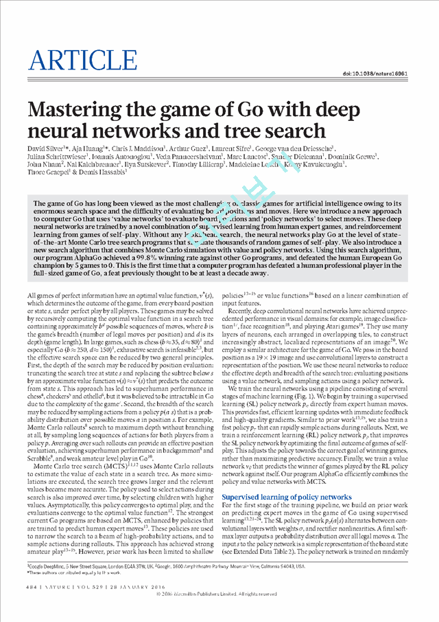 Mastering the game of Go with deep neural networks and tree search   (1 )
